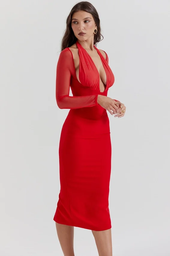 Yasmin Scarlet Plunge Midi Dress Yasmin Scarlet Plunge Midi Dress