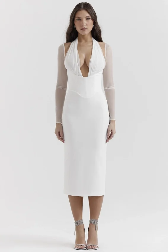 Yasmin White Plunge Midi Dress Yasmin White Plunge Midi Dress