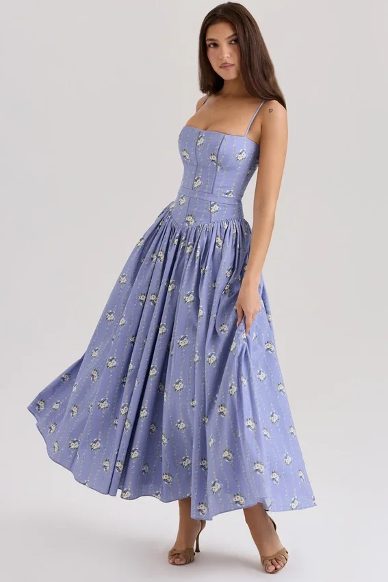 Ysabella Blue Daisy Print Stretch Cotton Midi Sundress Ysabella Blue Daisy Print Stretch Cotton Midi Sundress