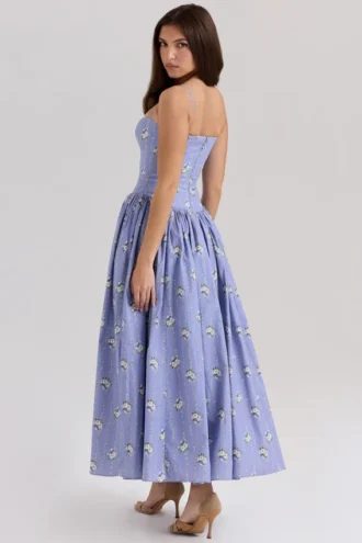 Ysabella Blue Daisy Print Stretch Cotton Midi Sundress