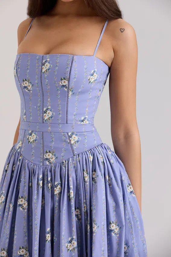 Ysabella Blue Daisy Print Stretch Cotton Midi Sundress Ysabella Blue Daisy Print Stretch Cotton Midi Sundress