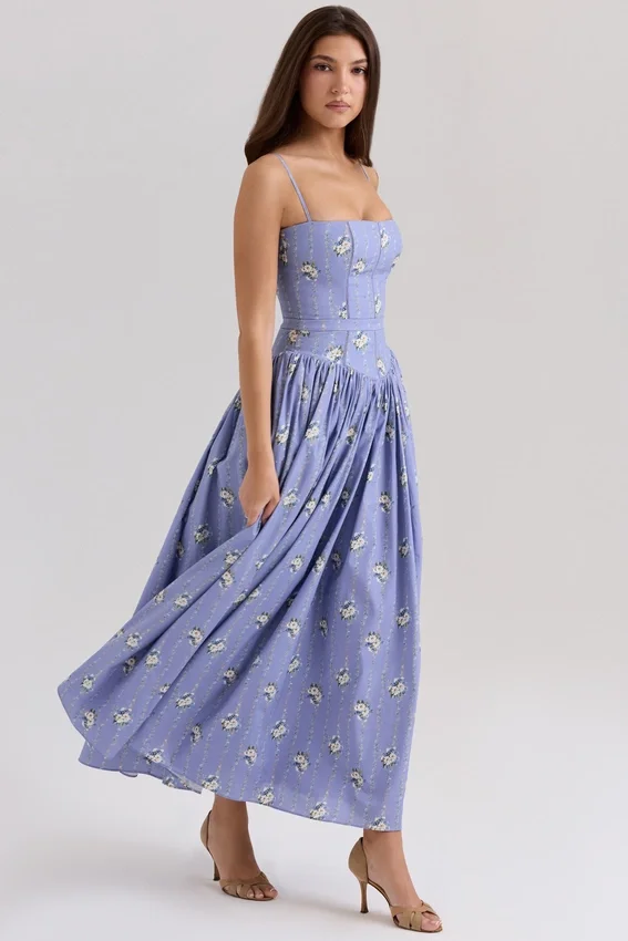 Ysabella Blue Daisy Print Stretch Cotton Midi Sundress Ysabella Blue Daisy Print Stretch Cotton Midi Sundress