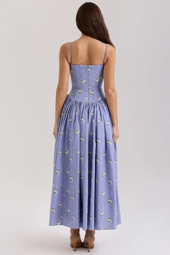Ysabella Blue Daisy Print Stretch Cotton Midi Sundress Ysabella Blue Daisy Print Stretch Cotton Midi Sundress