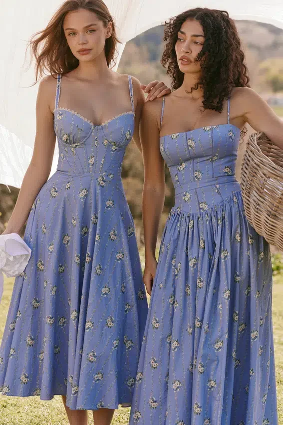 Ysabella Blue Daisy Print Stretch Cotton Midi Sundress Ysabella Blue Daisy Print Stretch Cotton Midi Sundress