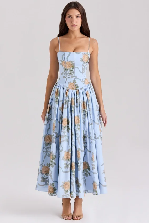 Ysabella Blue Vintage Rose Print Cotton Midi Sundress Ysabella Blue Vintage Rose Print Cotton Midi Sundress