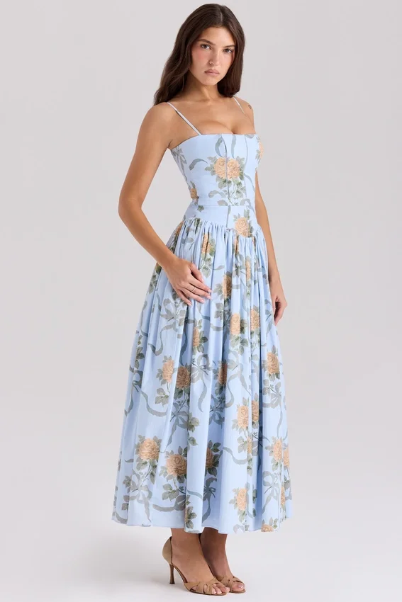 Ysabella Blue Vintage Rose Print Cotton Midi Sundress Ysabella Blue Vintage Rose Print Cotton Midi Sundress