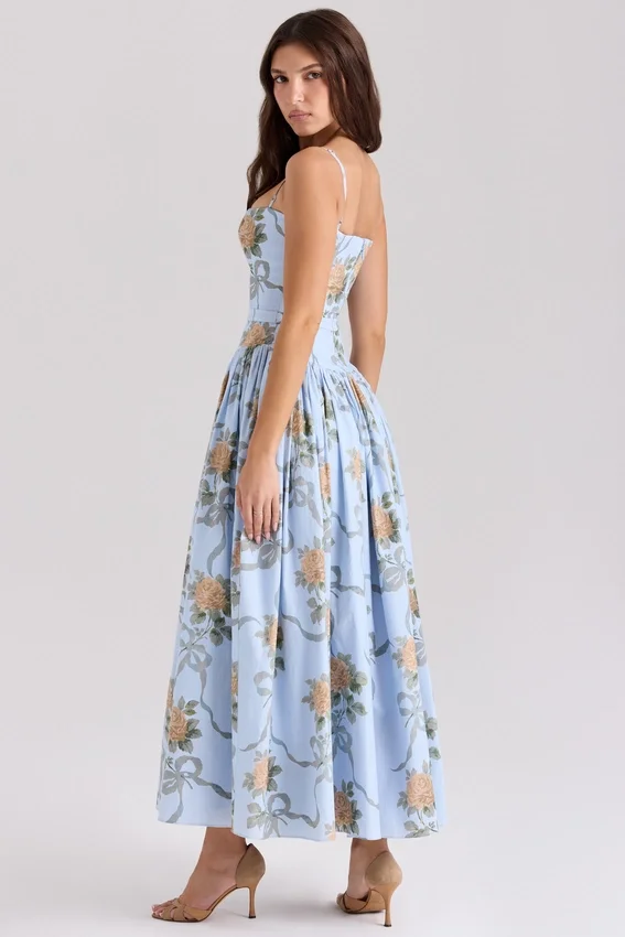 Ysabella Blue Vintage Rose Print Cotton Midi Sundress Ysabella Blue Vintage Rose Print Cotton Midi Sundress