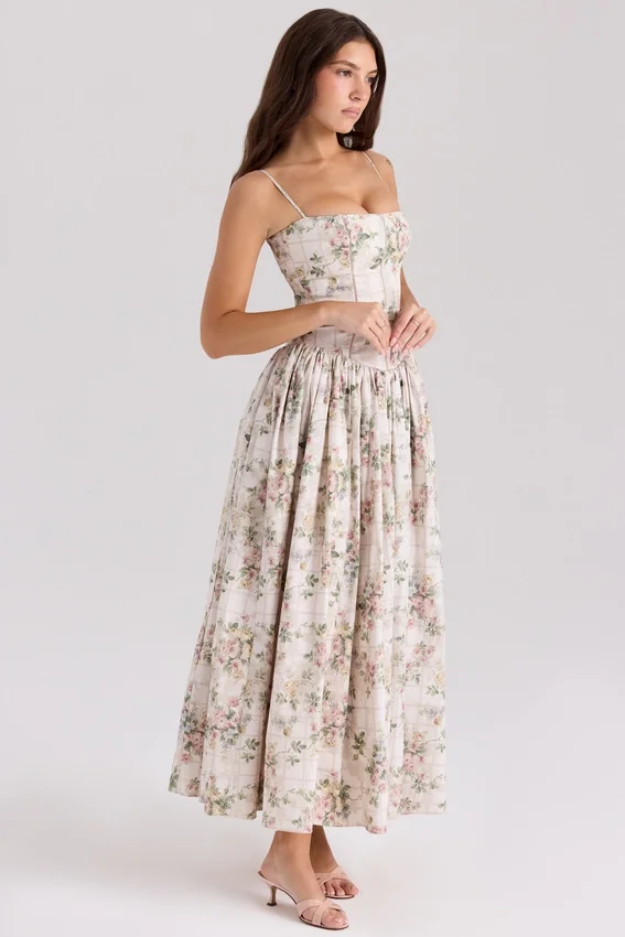Ysabella Cream Floral Print Cotton Midi Sundress Ysabella Cream Floral Print Cotton Midi Sundress