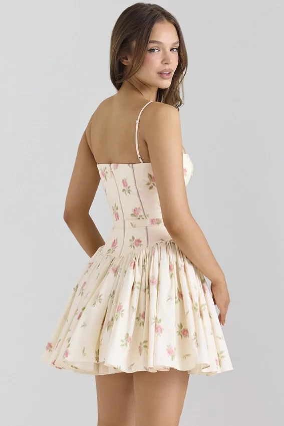 Ysabella Cream Rose Print Stretch Cotton Mini Sundress Ysabella Cream Rose Print Stretch Cotton Mini Sundress