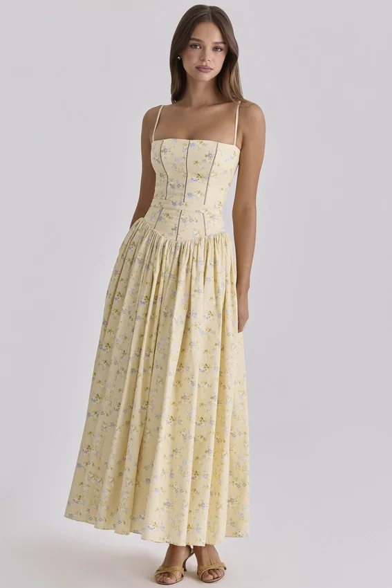 Ysabella Floral Lemon Print Cotton Midi Sundress Ysabella Floral Lemon Print Cotton Midi Sundress