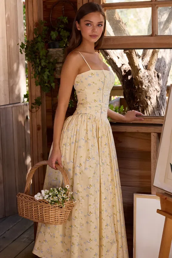 Ysabella Floral Lemon Print Cotton Midi Sundress Ysabella Floral Lemon Print Cotton Midi Sundress