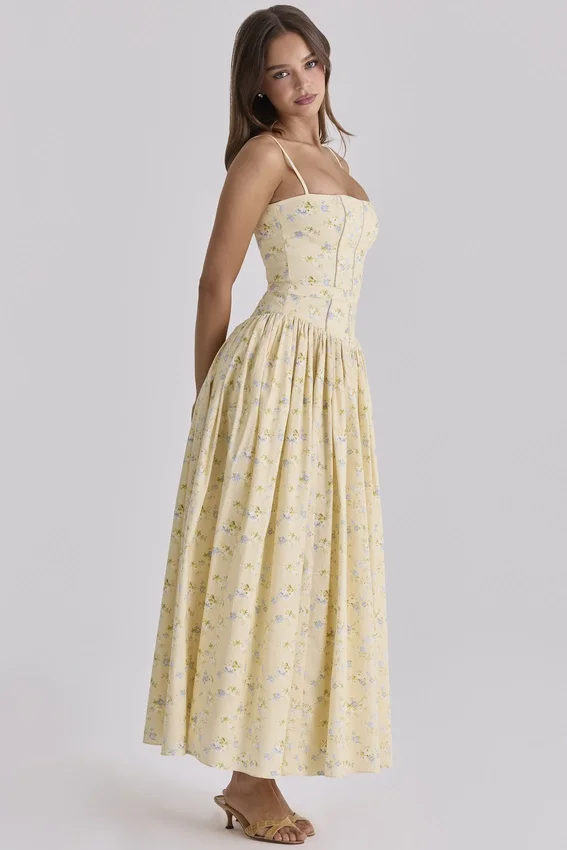 Ysabella Floral Lemon Print Cotton Midi Sundress Ysabella Floral Lemon Print Cotton Midi Sundress