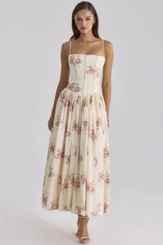 Ysabella Ivory Vintage Rose Print Cotton Midi Sundress