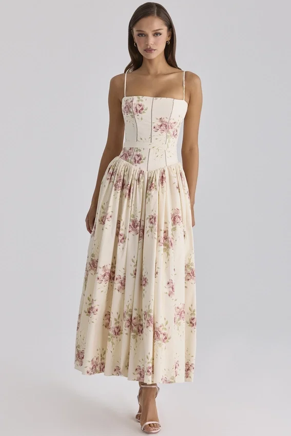 Ysabella Ivory Vintage Rose Print Cotton Midi Sundress Ysabella Ivory Vintage Rose Print Cotton Midi Sundress