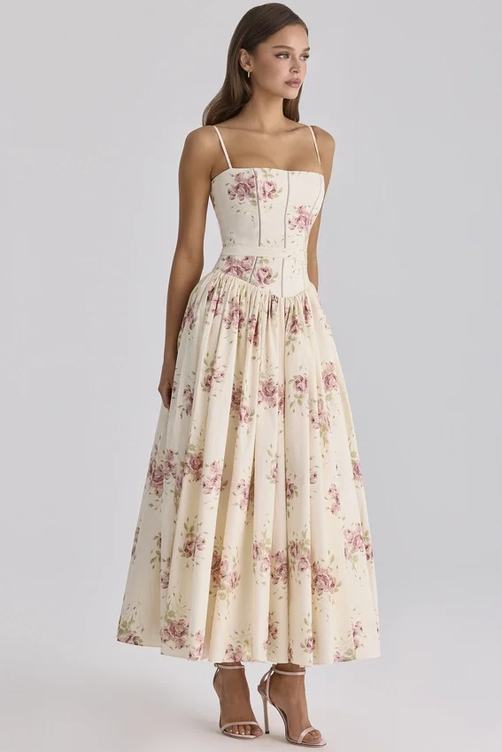 Ysabella Ivory Vintage Rose Print Cotton Midi Sundress Ysabella Ivory Vintage Rose Print Cotton Midi Sundress