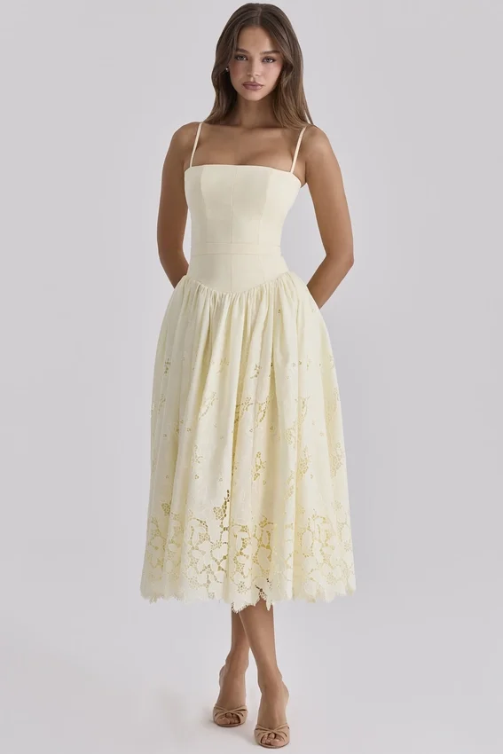 Ysabella Lemon Custom Lace + Broderie Anglaise Midi Sundress Ysabella Lemon Custom Lace + Broderie Anglaise Midi Sundress