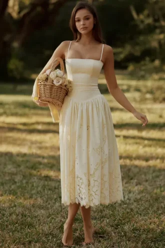 Ysabella Lemon Custom Lace + Broderie Anglaise Midi Sundress