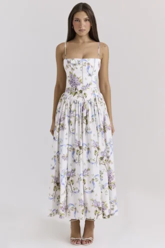 Ysabella Off White Vintage Ribbon Print Cotton Midi Sundress