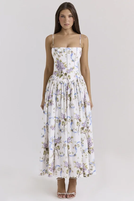 Ysabella Off White Vintage Ribbon Print Cotton Midi Sundress Ysabella Off White Vintage Ribbon Print Cotton Midi Sundress