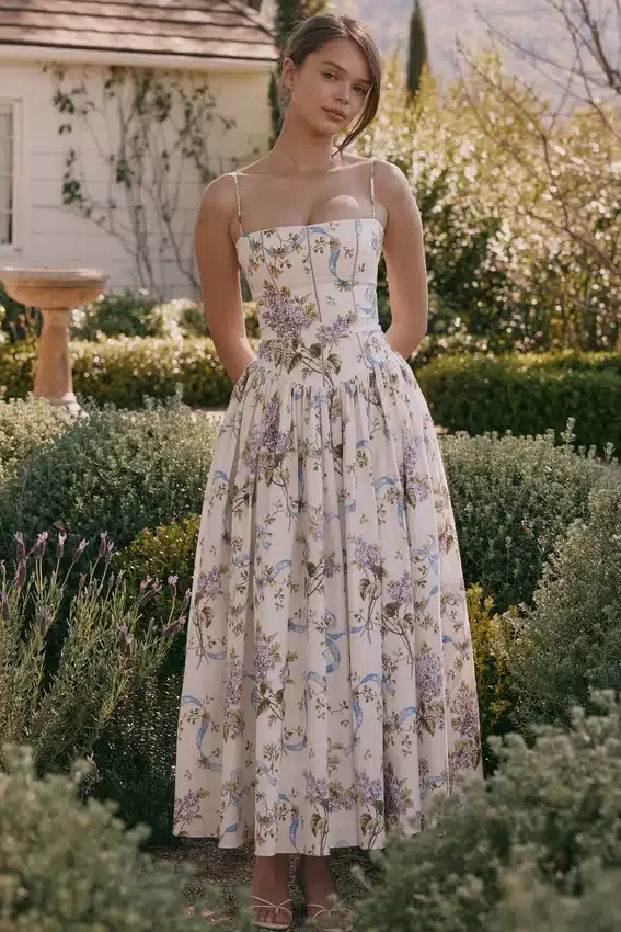 Ysabella Off White Vintage Ribbon Print Cotton Midi Sundress Ysabella Off White Vintage Ribbon Print Cotton Midi Sundress