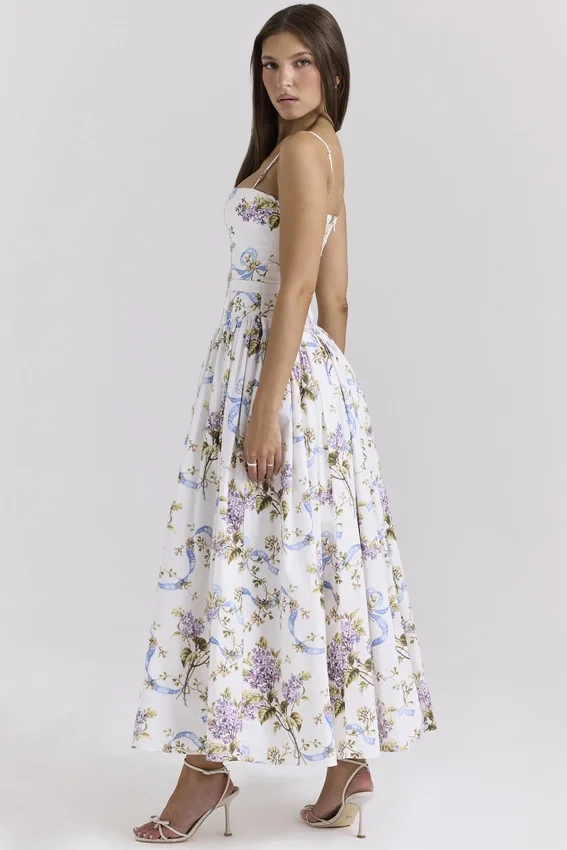 Ysabella Off White Vintage Ribbon Print Cotton Midi Sundress Ysabella Off White Vintage Ribbon Print Cotton Midi Sundress