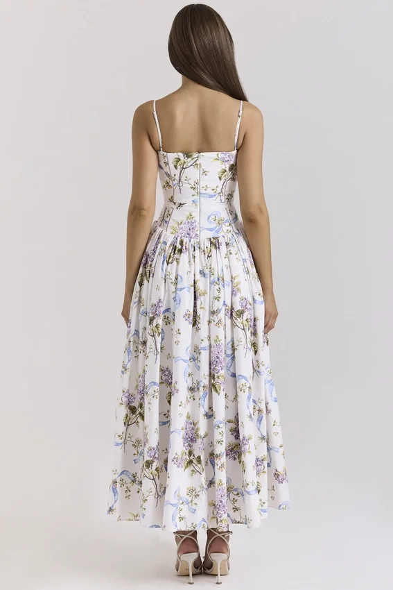 Ysabella Off White Vintage Ribbon Print Cotton Midi Sundress Ysabella Off White Vintage Ribbon Print Cotton Midi Sundress