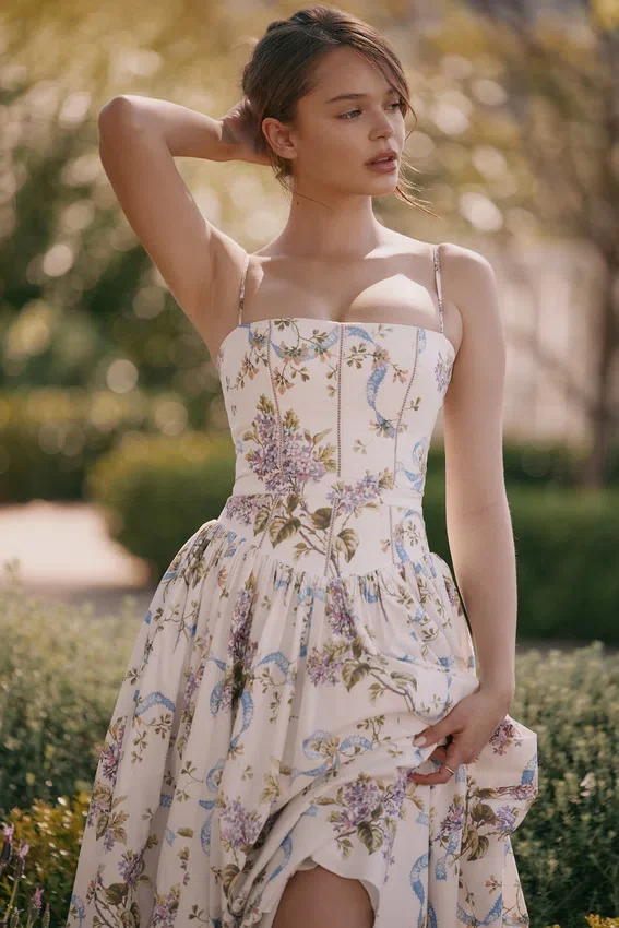 Ysabella Off White Vintage Ribbon Print Cotton Midi Sundress Ysabella Off White Vintage Ribbon Print Cotton Midi Sundress