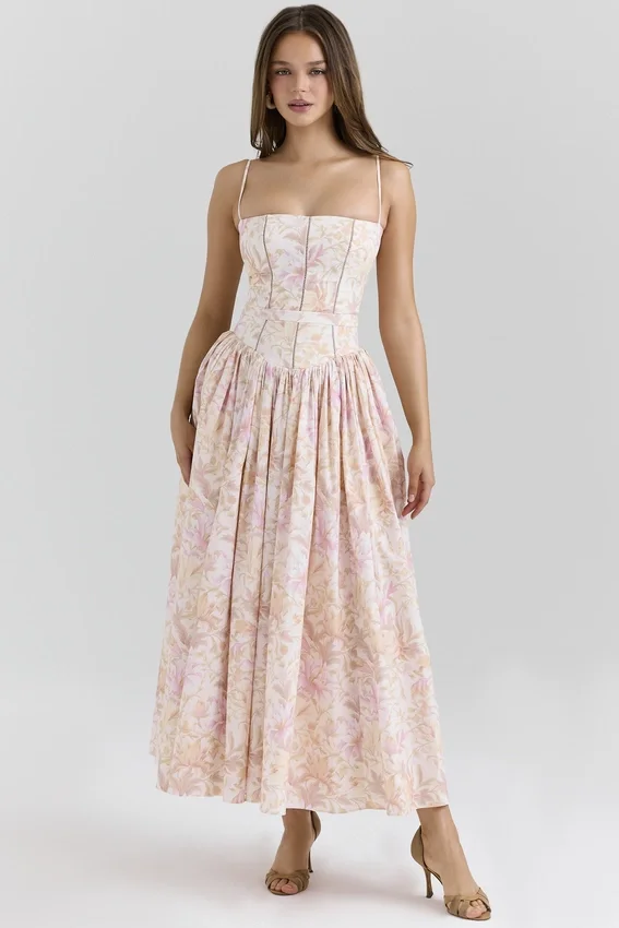 Ysabella Peach Floral Print Stretch Cotton Midi Sundress Ysabella Peach Floral Print Stretch Cotton Midi Sundress