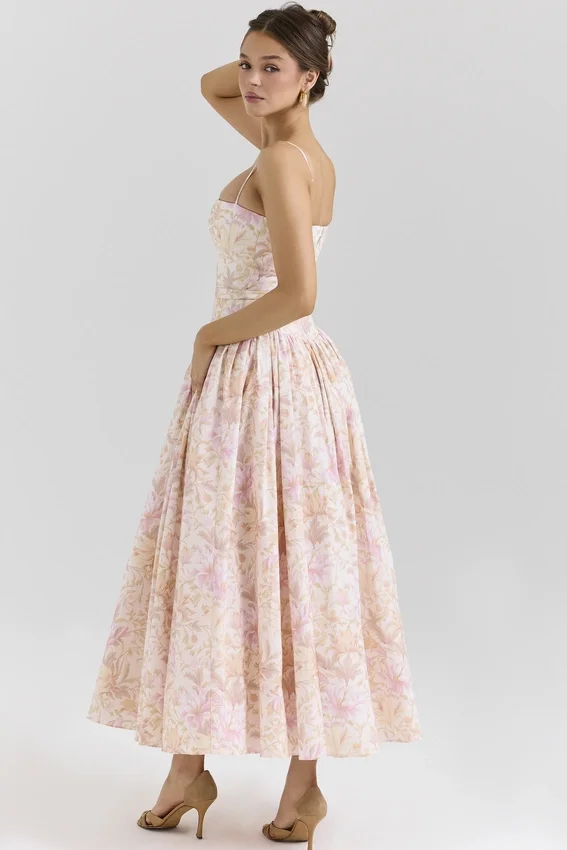 Ysabella Peach Floral Print Stretch Cotton Midi Sundress Ysabella Peach Floral Print Stretch Cotton Midi Sundress