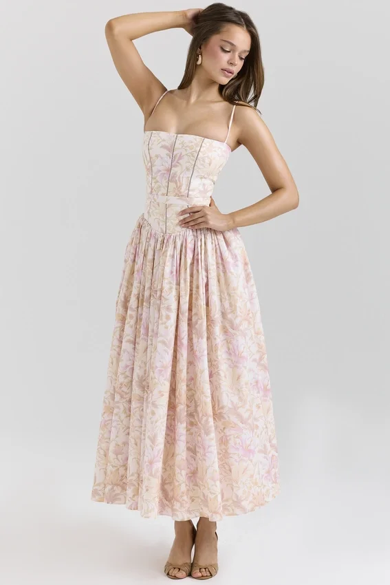 Ysabella Peach Floral Print Stretch Cotton Midi Sundress Ysabella Peach Floral Print Stretch Cotton Midi Sundress