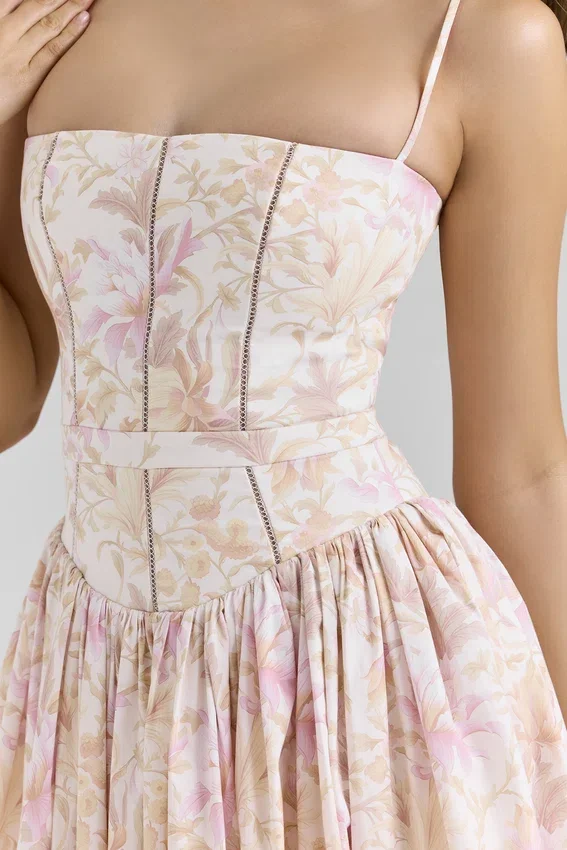 Ysabella Peach Floral Print Stretch Cotton Midi Sundress Ysabella Peach Floral Print Stretch Cotton Midi Sundress