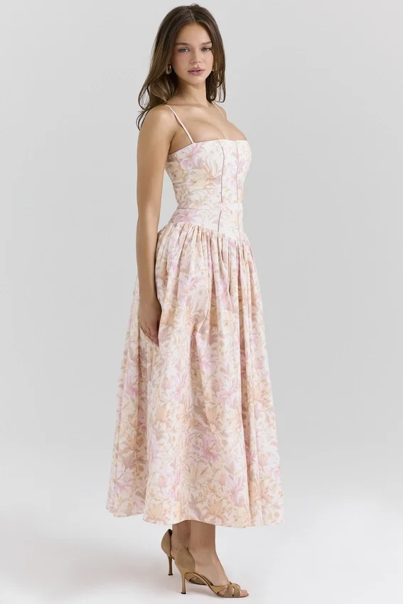 Ysabella Peach Floral Print Stretch Cotton Midi Sundress Ysabella Peach Floral Print Stretch Cotton Midi Sundress