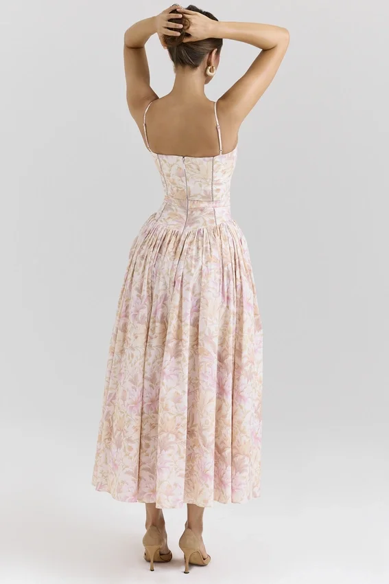 Ysabella Peach Floral Print Stretch Cotton Midi Sundress Ysabella Peach Floral Print Stretch Cotton Midi Sundress