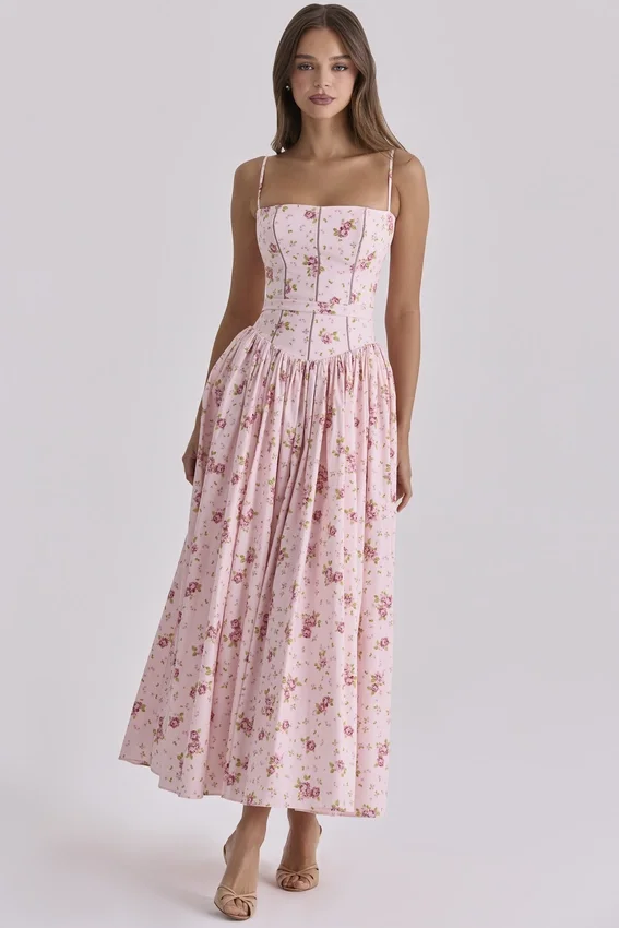 Ysabella Pink Vintage Rose Print Cotton Midi Sundress Ysabella Pink Vintage Rose Print Cotton Midi Sundress
