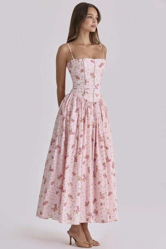 Ysabella Pink Vintage Rose Print Cotton Midi Sundress Ysabella Pink Vintage Rose Print Cotton Midi Sundress
