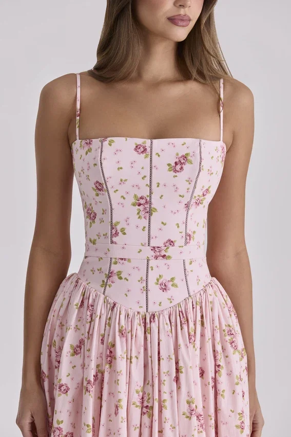 Ysabella Pink Vintage Rose Print Cotton Midi Sundress Ysabella Pink Vintage Rose Print Cotton Midi Sundress