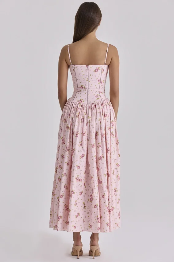 Ysabella Pink Vintage Rose Print Cotton Midi Sundress Ysabella Pink Vintage Rose Print Cotton Midi Sundress