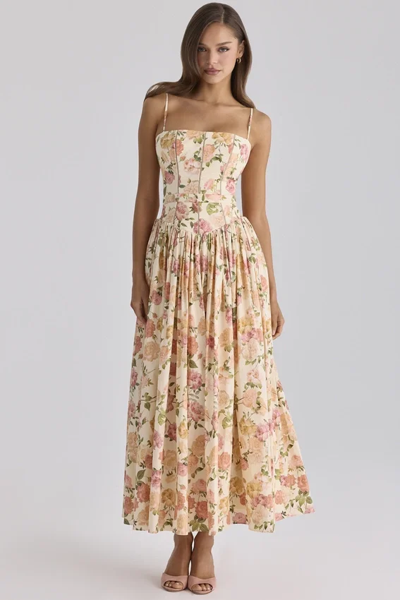 Ysabella Warm Rose Print Cotton Midi Sundress Ysabella Warm Rose Print Cotton Midi Sundress