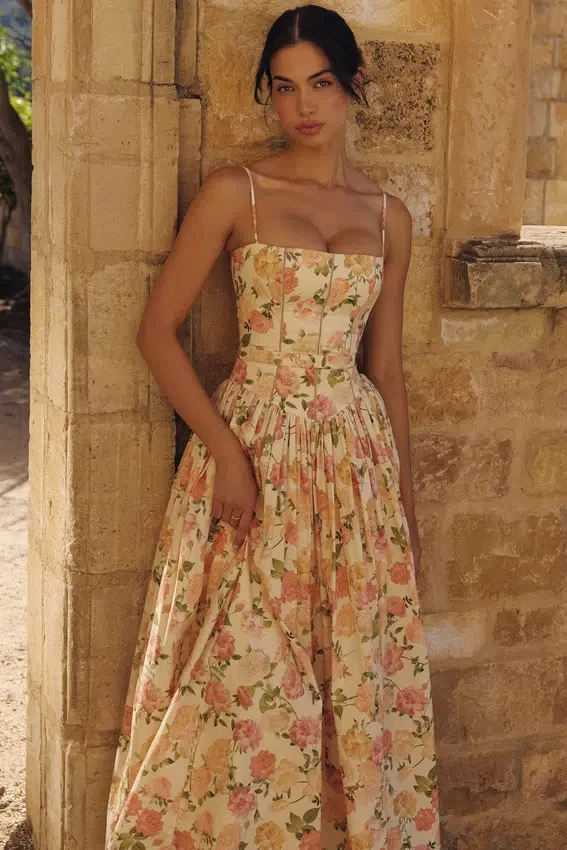 Ysabella Warm Rose Print Cotton Midi Sundress Ysabella Warm Rose Print Cotton Midi Sundress