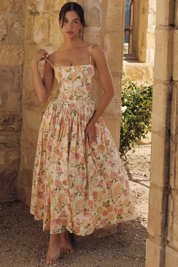 Ysabella Warm Rose Print Cotton Midi Sundress Ysabella Warm Rose Print Cotton Midi Sundress