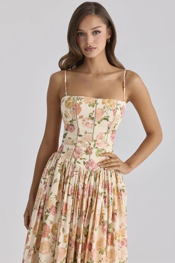 Ysabella Warm Rose Print Cotton Midi Sundress Ysabella Warm Rose Print Cotton Midi Sundress