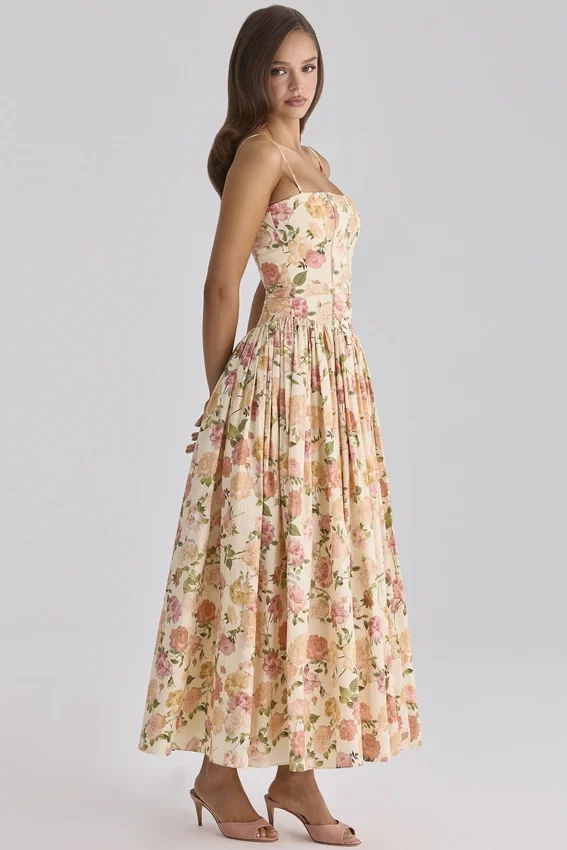 Ysabella Warm Rose Print Cotton Midi Sundress Ysabella Warm Rose Print Cotton Midi Sundress
