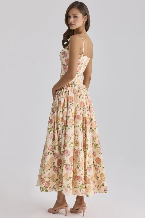 Ysabella Warm Rose Print Cotton Midi Sundress Ysabella Warm Rose Print Cotton Midi Sundress