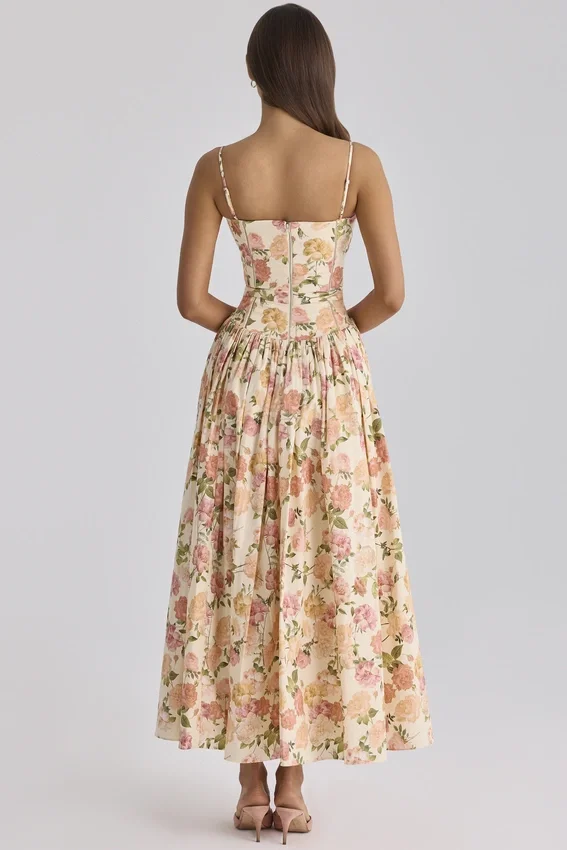 Ysabella Warm Rose Print Cotton Midi Sundress Ysabella Warm Rose Print Cotton Midi Sundress