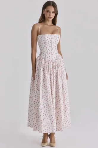 Ysabella White Rose Print Cotton Midi Sundress