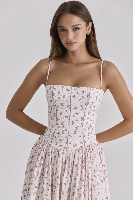 Ysabella White Rose Print Cotton Midi Sundress Ysabella White Rose Print Cotton Midi Sundress