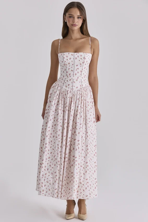Ysabella White Rose Print Cotton Midi Sundress Ysabella White Rose Print Cotton Midi Sundress