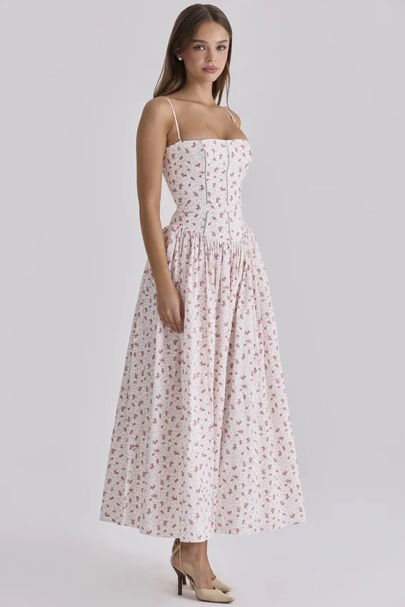 Ysabella White Rose Print Cotton Midi Sundress Ysabella White Rose Print Cotton Midi Sundress