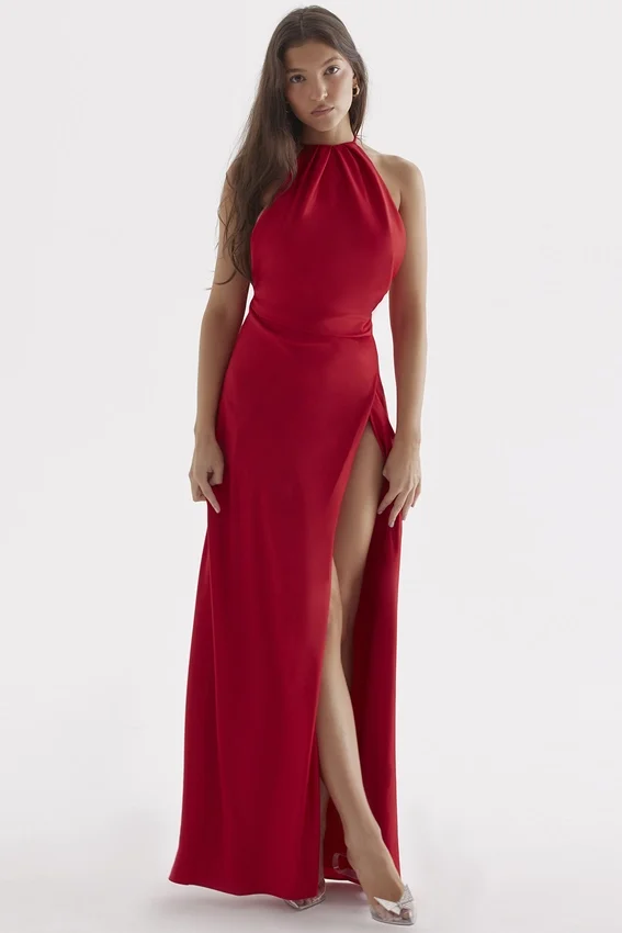 Zanab Red Rose Thigh Slit Maxi Dress Zanab Red Rose Thigh Slit Maxi Dress