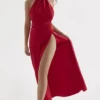 Zanab Red Rose Thigh Slit Maxi Dress Zanab Red Rose Thigh Slit Maxi Dress